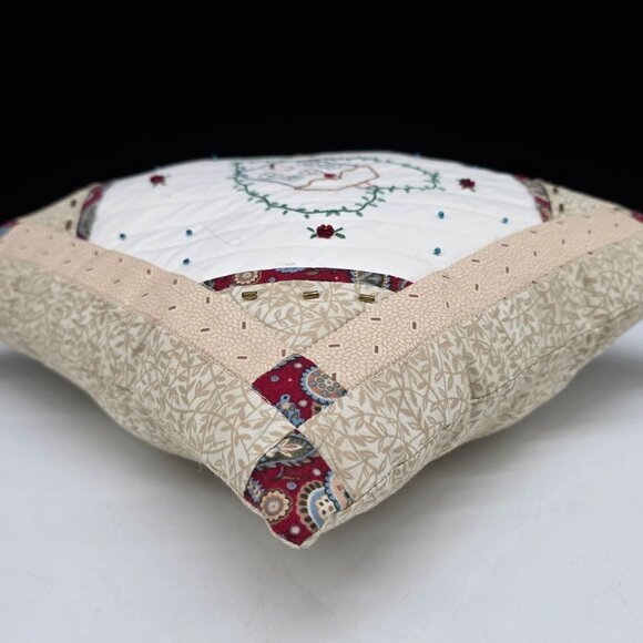 Handmade Quilted Beaded Throw Pillow Embroidered House & Heart Design 10" Square - Picture 13 of 13